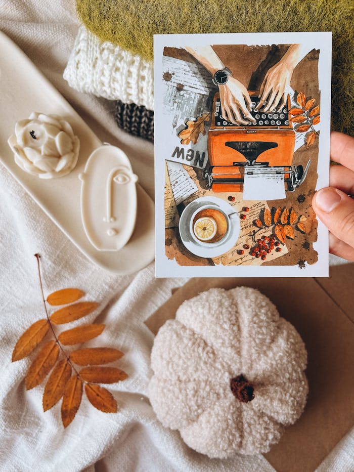 Warm autumn-themed flat lay including a handmade postcard, decorative items, and seasonal elements.
